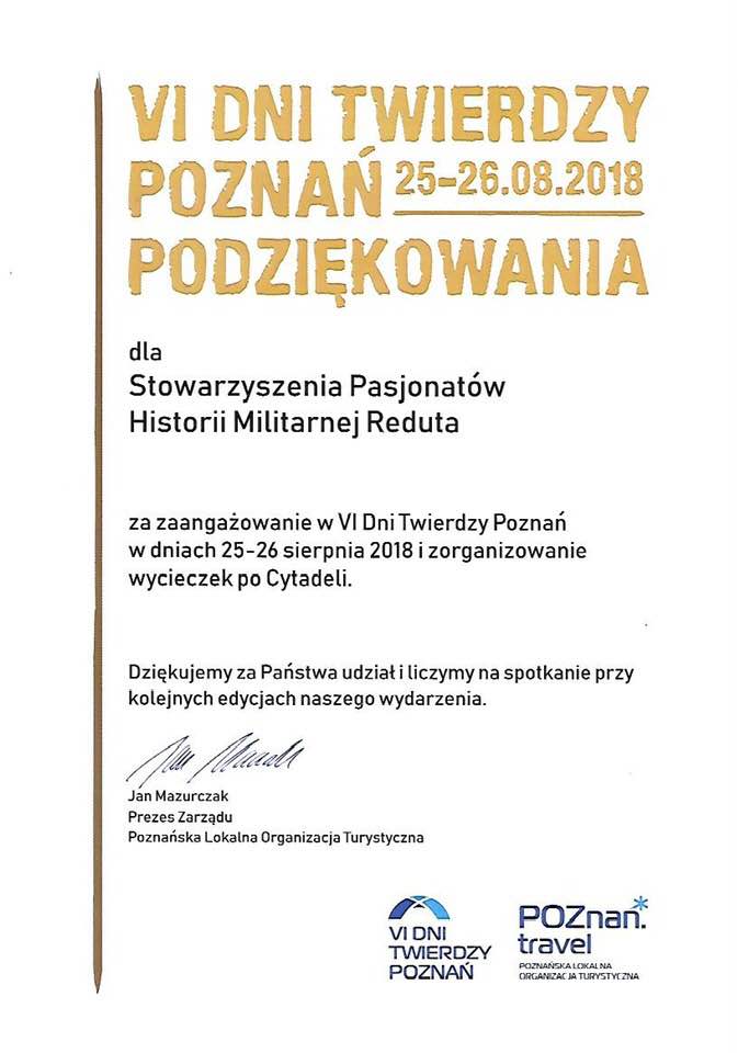 Podzi�kowania dla Reduty za wsp�organizowanie Dni Twierdzy Pozna� 